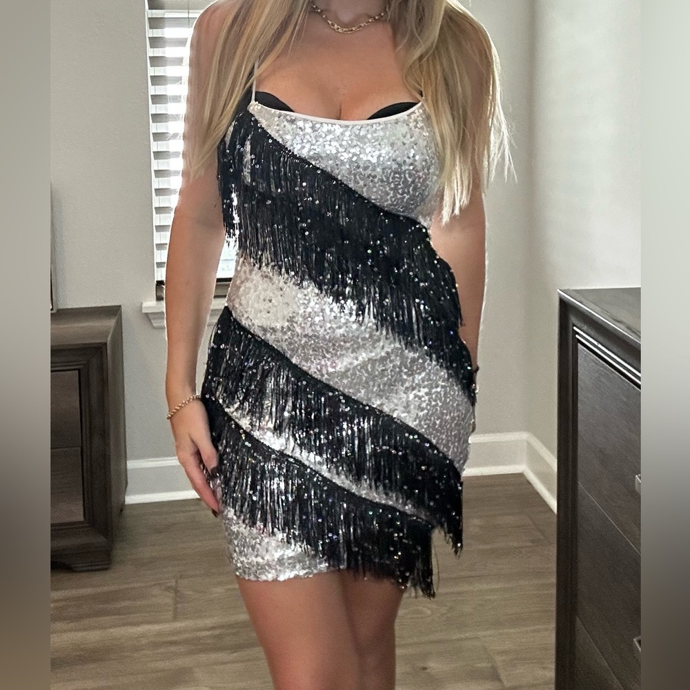 Mind Code Black and Silver Fringe Mini Dress